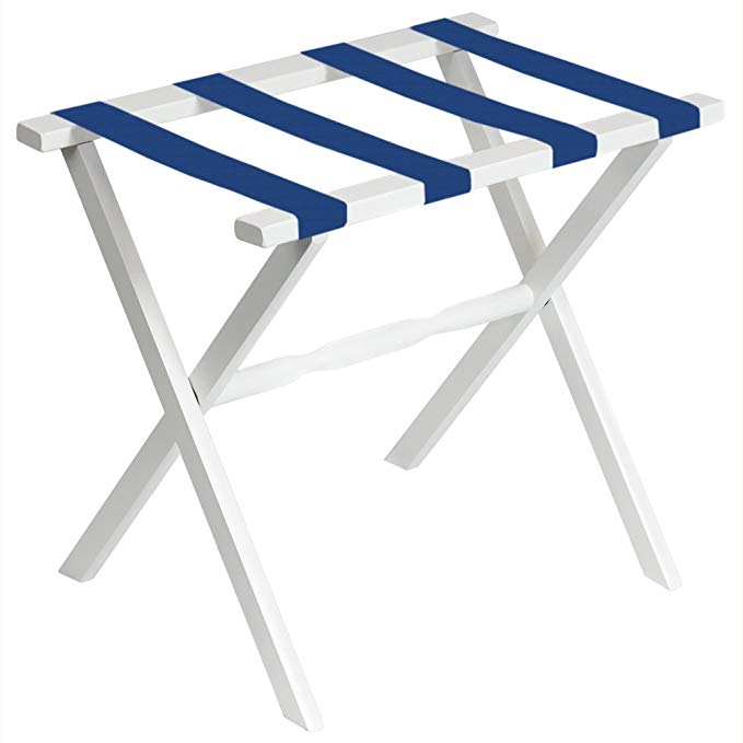 White Straight Leg Luggage Rack with 4 Bright Blue Straps