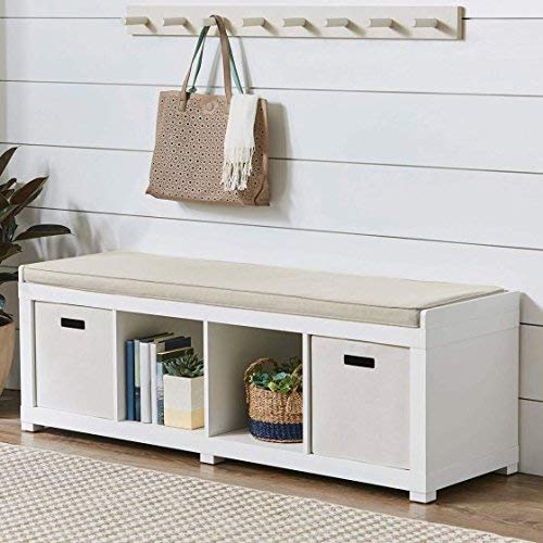 Comfortable Neutral Beige-Toned Faux Linen Upholstered Cushion 4-Cube Organizer Bench in White