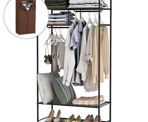 LANGRIA Heavy-Duty Zip Up Closet Shoe Organizer with Detachable Brown Cloth Cover Wardrobe Metal Storage Clothes Rack Armoire with 4 Shelves and 2 Hanging Rods Max Load 463 lbs. Review