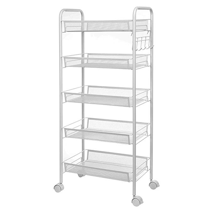 Anjuer Rolling Pantry 5 Tier Metal Mesh Movable Storage Cart Multi Purpose Shelves Rack Sturdy Serving Trolley Perfect for Home Kitchen Office Use White
