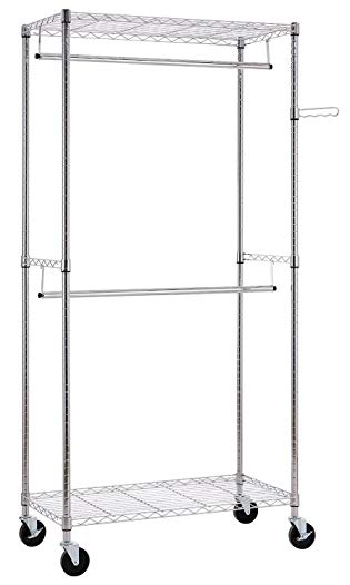 Finnhomy Heavy Duty Rolling Garment Rack Clothes Hangers with Double Rods and Shelves, Thicken Steel Tube, Chrome