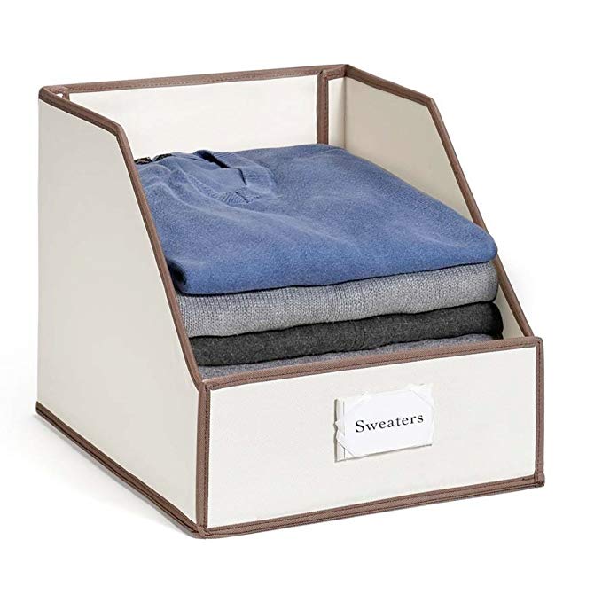 Great Useful Stuff G.U.S “Drop Front” Closet Storage Bins: Organize Sweaters, Jeans and Shirts - Ivory with Chocolate/Brown Trim, Set of 3