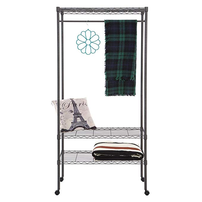 Home Storage Rack Movable Clothes Rack Garment Rack with Top and Bottom Shelves Rolling Clothes Rack Organizer with Hanger Bar