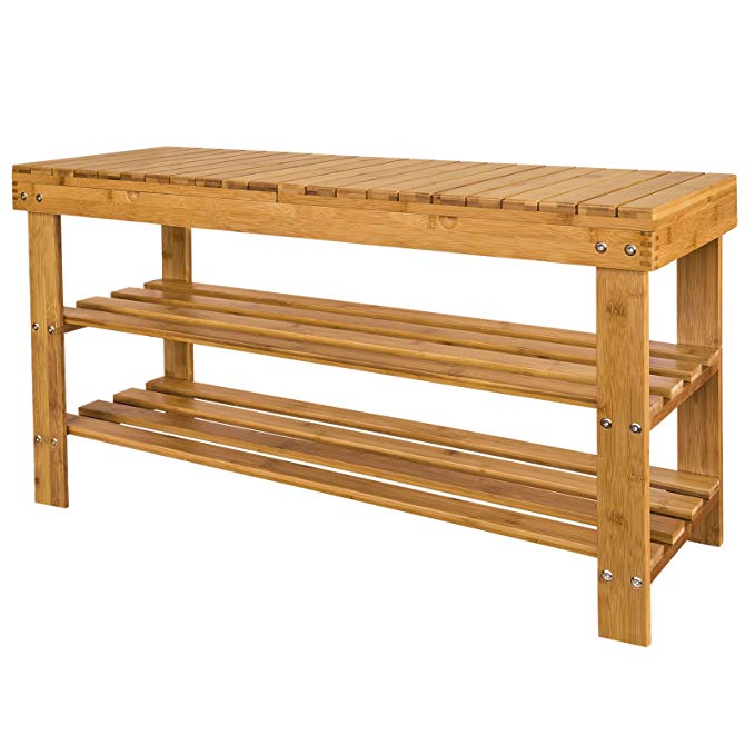 Haotian 100% Bamboo Shoe Rack, Bench, Display Racks, Seat with Sorage Draw On Top,Size: 35.4×11.4×18.3 inch,FSR10-L-N