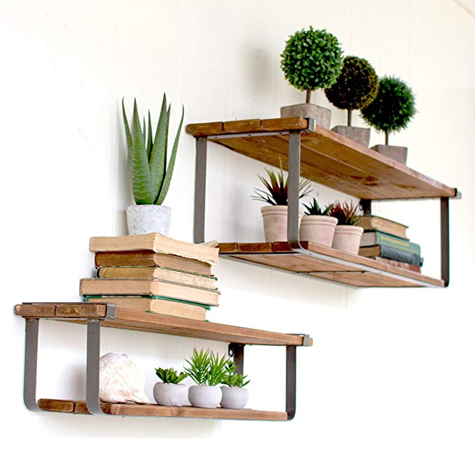 Recycled Wood and Metal Shelves, set of 2