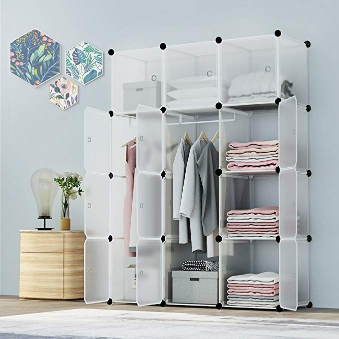 KOUSI Portable Closet Clothes Wardrobe Bedroom Armoire Storage Organizer with Doors, Capacious & Sturdy, Transparent White, 6 Cubes+2 Hanging Sections