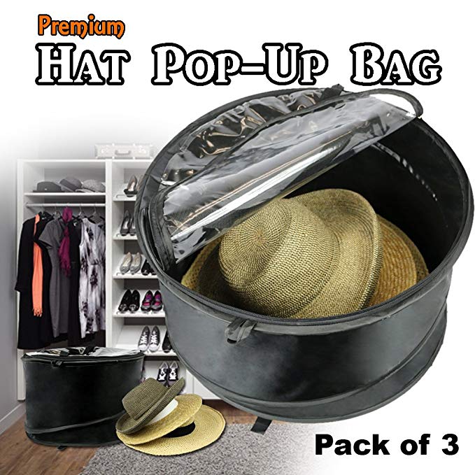3 Bags, The Elixir Deco Premium Collapsible Pop-Up Dust Cover Hat Bag Organizer Storage Travel Bag Round Hat Box