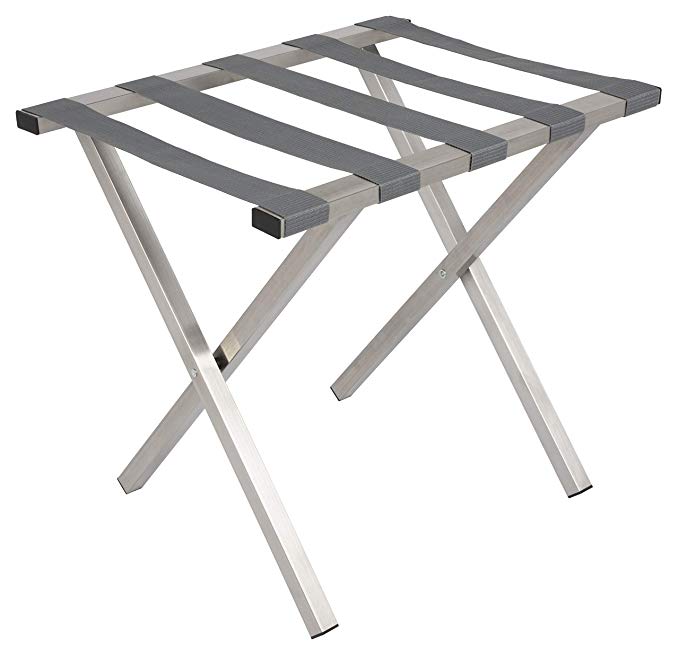 Wholesale Hotel Products MLR_SQ_BS_GR Brushed Stainless Steel Luggage Rack, Straps, Square Tubing, Gray