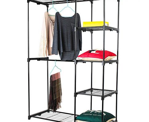 Jusdreen Closet Storage,Double Rod Freestanding Closet Systems Storage Organizer Bedroom Clothes Wardrobe Hanger with 5 Shelves 45.27″ L x 19.09″ W x 66.93″ H – Black Review