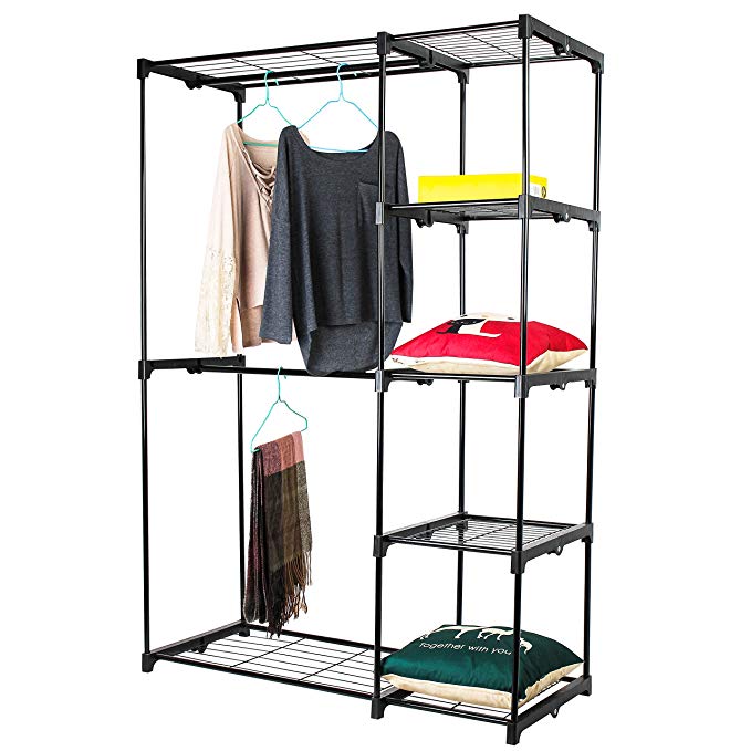 Jusdreen Closet Storage,Double Rod Freestanding Closet Systems Storage Organizer Bedroom Clothes Wardrobe Hanger with 5 Shelves 45.27
