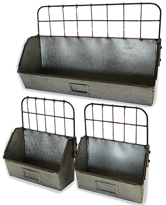 Metal Shelf Bin, Set of 3, Old Factory Style | (Sitting, Hanging, Galvanized, Industrial) | by Urban Legacy