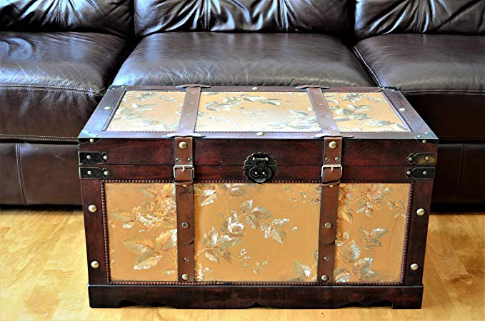 Gold Leaves Medium Wood Storage Trunk Wooden Treasure Chest