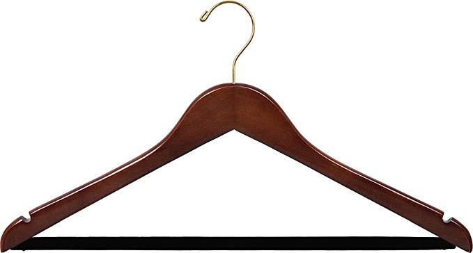 Wooden Suit Hanger w/ Velvet Bar, Walnut Finish with Brass Hardware, Box of 50 by The Great American Hanger Company