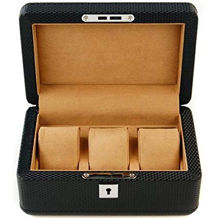 RAKUKAIMONO 3 slot Carbon Fiber Pattern Watch Jewelry Case Box Luxurious Men Black with Lock and Key