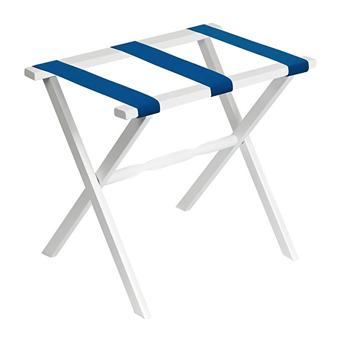 Gate House Furniture White Wood Folding Luggage Rack with Straight Legs with Bright Blue Straps