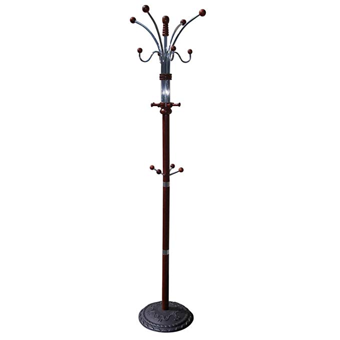 12 Hook Six Foot Wood and Chrome Coat Rack In Cherry Finish