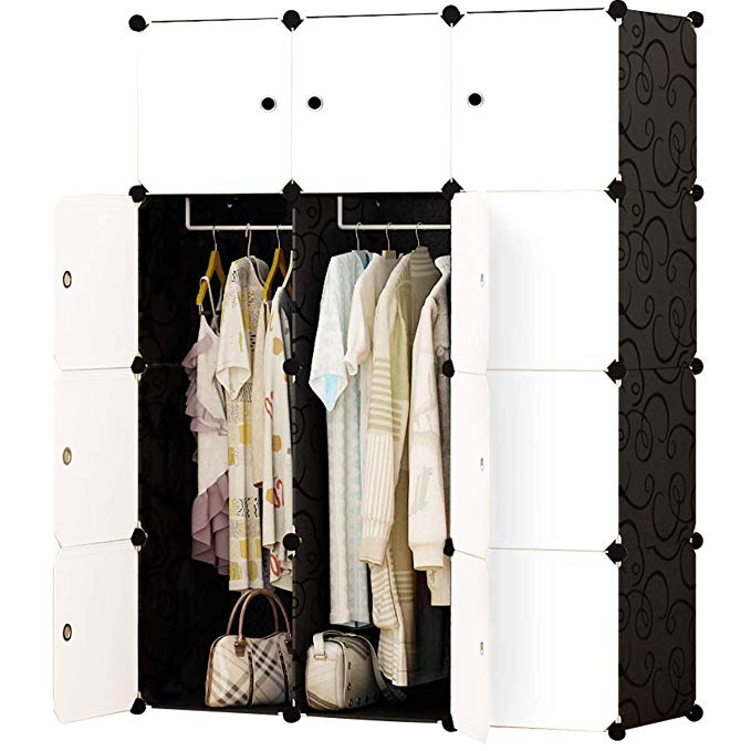 KOUSI Portable Closet Clothes Wardrobe Bedroom Armoire Storage Organizer with Doors, Capacious & Sturdy, Black, 6 Cubes+2 Hanging Sections