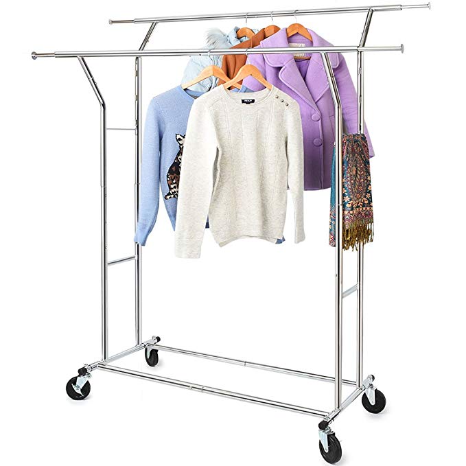 Hokeeper 330 Lbs Load Capacity Commercial Grade Clothing Garment Racks Heavy Duty Double Rails Adjustable Collapsible Rolling Clothes Rack, Chrome Finish