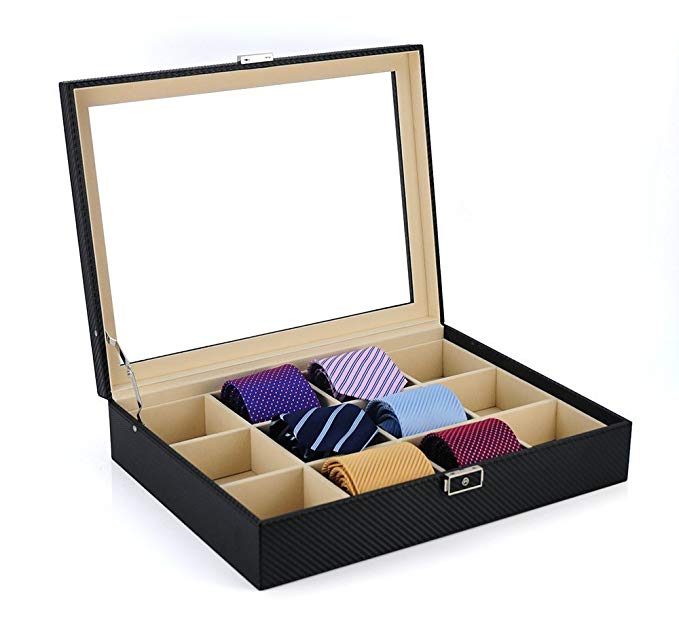 Tie Display Case for 12 Ties, Belts, and Men's Accessories Black Carbon Fiber Storage Box