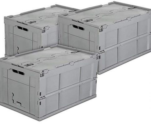 Mount-It! Folding Plastic Storage Crate, PACK OF 3, Collapsible Utility Distribution Container with Attached Lid, 65L Liter Capacity, Gray, Review