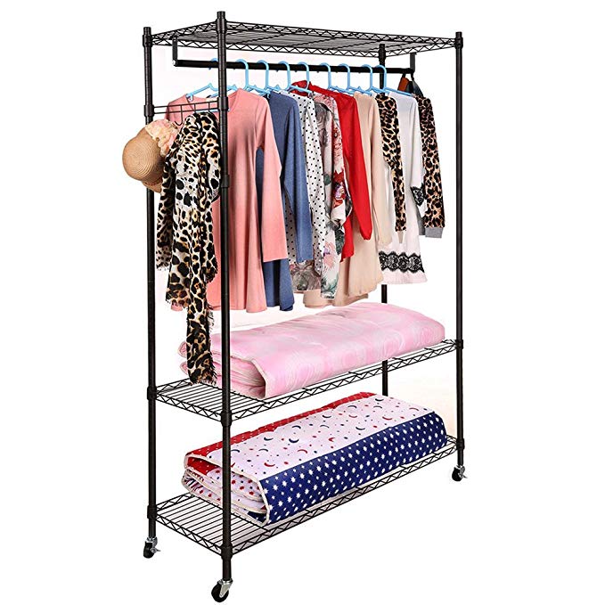 (US Stock)Free Standing 3-Tier Portable Rolling Clothes Wardrobe Garment Rack with Double Rod,Heavy Duty Clothes Rack Closet Hanger Storage Organizer (black one pair hooks one hanging rods)