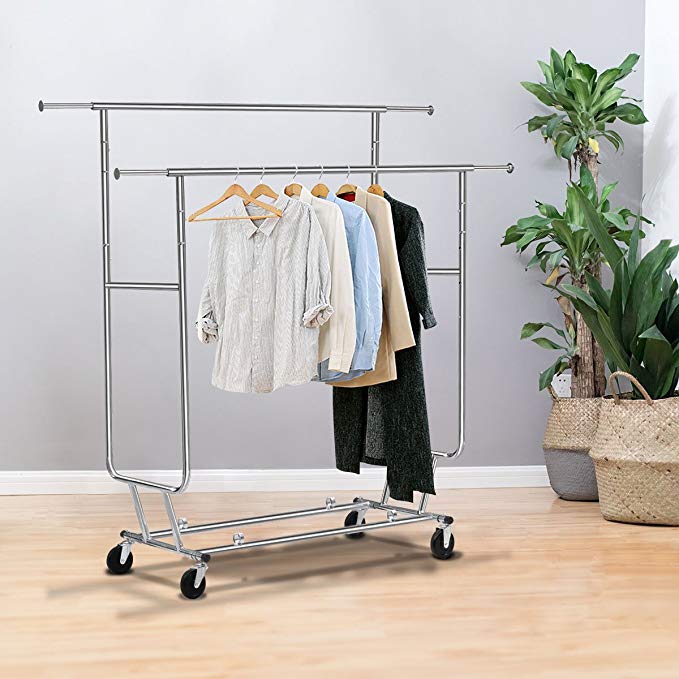 TANGKULA Commercial Grade Collapsible Clothing Rolling Double Garment Rack Hanger Holder