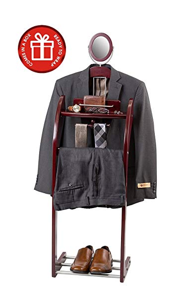 ClosetMate Executive Clothes Valet Stand - Beautiful Solid Hardwood Valet Clothing Hanging System with Mirror, Rack for Shoes, Tray for Cell phone and Keys, Great Gift