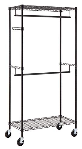 Finnhomy Heavy Duty Rolling Garment Rack Clothes Hangers with Double Rods and Shelves, Black Thicken Steel Tube