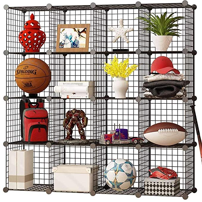 KOUSI Storage Cubes Wire Grid Modular Metal Cubbies Organizer Bookcases and Book Shelves Origami MultiFuncation Shelving Unit, Capacious & Customizable, Black, 16 Cubes