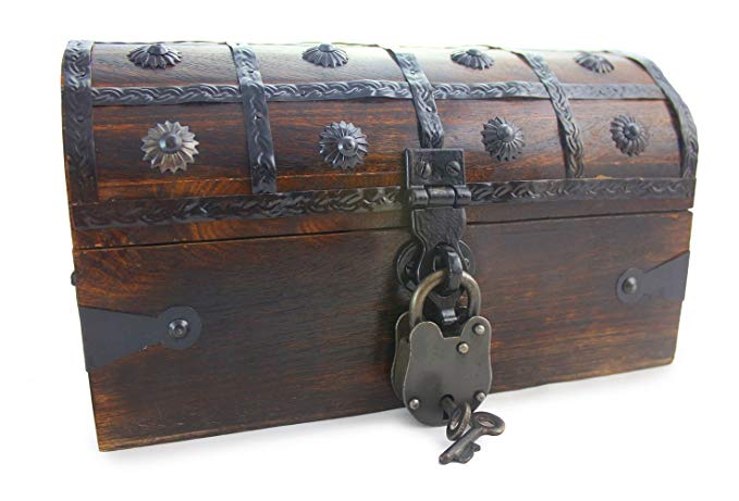 Well Pack Box Wooden Pirate Treasure Chest Box 11” x 7” x 7” Anne Bonnie Model Authentic Antique Style With Black Hasp Latch Includes Master Padlock & Vintage Skeleton Keys