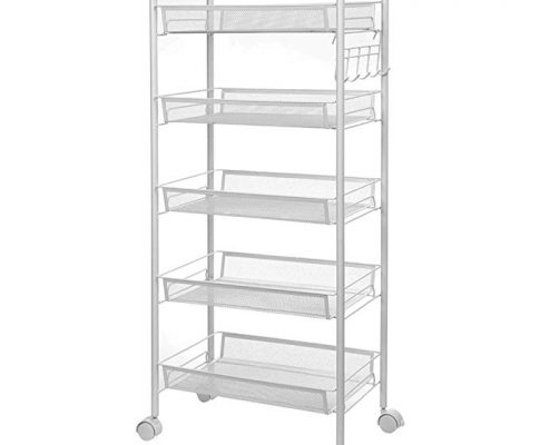 Anjuer Rolling Pantry 5 Tier Metal Mesh Movable Storage Cart Multi Purpose Shelves Rack Sturdy Serving Trolley Perfect for Home Kitchen Office Use White Review