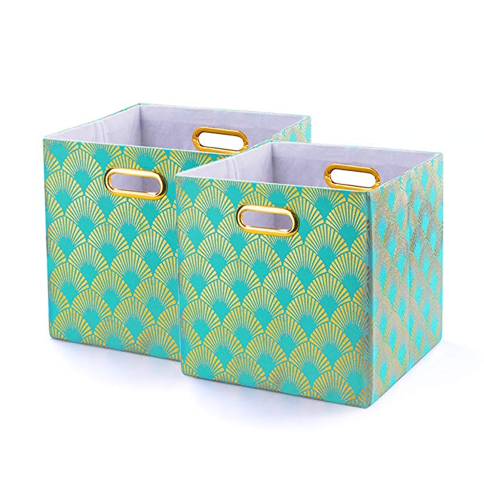 Baist Decorative Storage Cubes,Pretty Cheap Foldable Linen Fabric Bed Storage Bins Baskets For Toys Clothes Towel-2 pack,Aqua Fan
