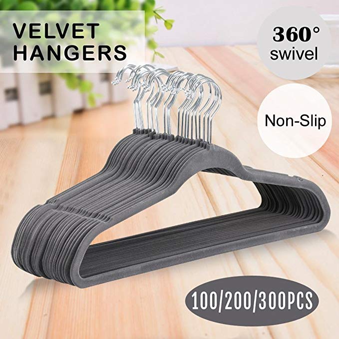 Yaheetech Velvet Clothes Hangers-Thin Non Slip -Space Saving Suit Hangers,Pack of 200,Gray