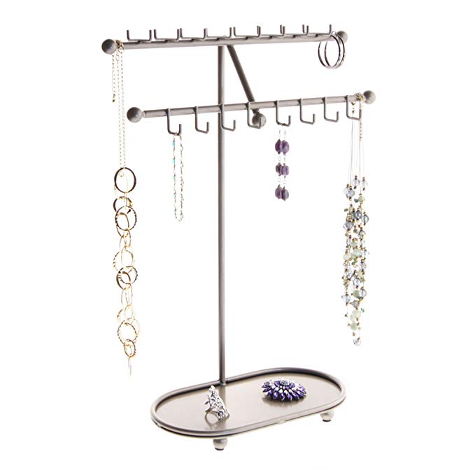Angelynn's Necklace Holder Organizer Jewelry Tree Stand Storage Rack, Sharisa Satin Nickel Silver