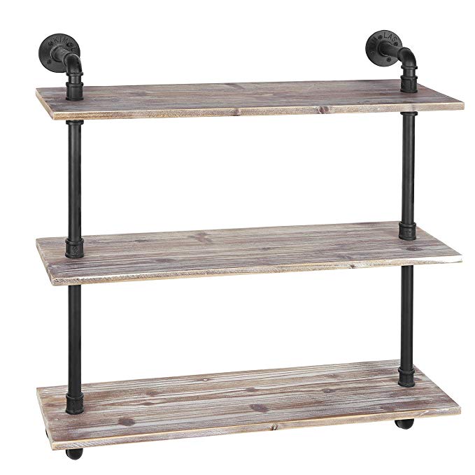 MyGift 3-Shelf Industrial Style Pipe & Rustic Wood Wall Mounted Shelving Unit