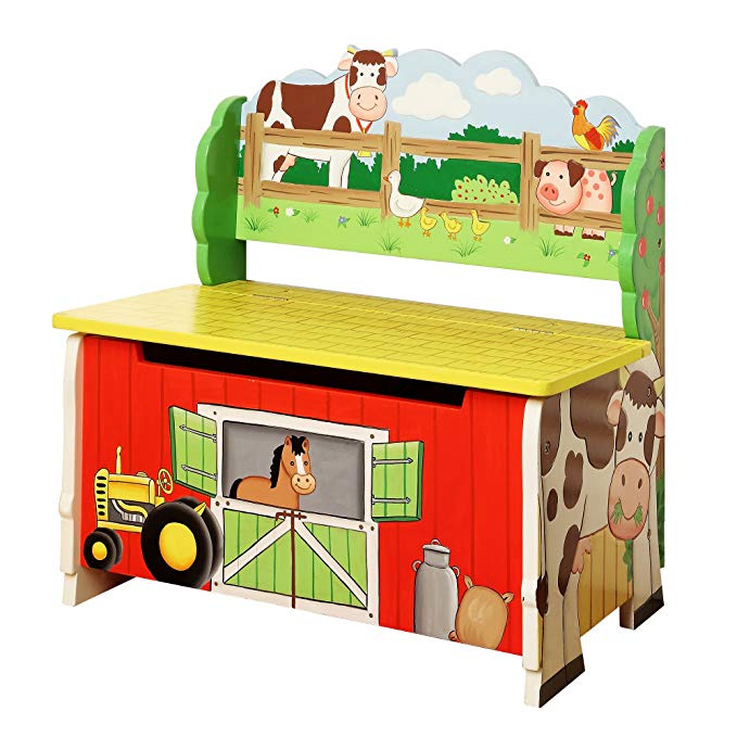 Teamson Design Corp Fantasy Fields - Happy Farm Animals Thematic Kids Storage Bench | Imagination Inspiring Hand Crafted & Hand Painted Details | Non-Toxic, Lead Free Water-based Paint