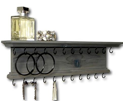 Jewelry Organizer Necklace Holder Wall Mounted Modern Rustic Wood Gray Wall Shelf Review