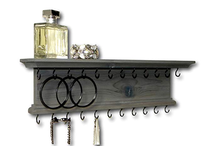 Jewelry Organizer Necklace Holder Wall Mounted Modern Rustic Wood Gray Wall Shelf