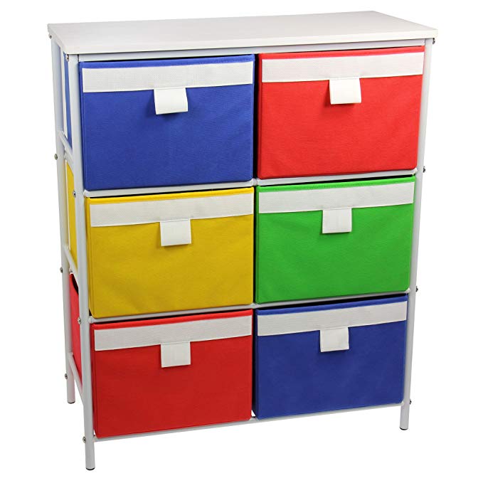 Household Essentials Metal Storage Unit with 3 Shelves and 6 Removable Multi-Colored Bins, White