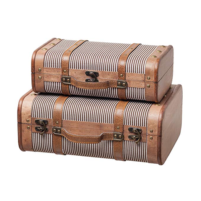 SLPR Decorative Suitcase with Straps (Set of 2, Striped) | Old-Fashioned Antique Vintage Style Nesting Trunks for Shelf Home Decor Birthday Parties Wedding Decoration Displays Crafts Photoshoots