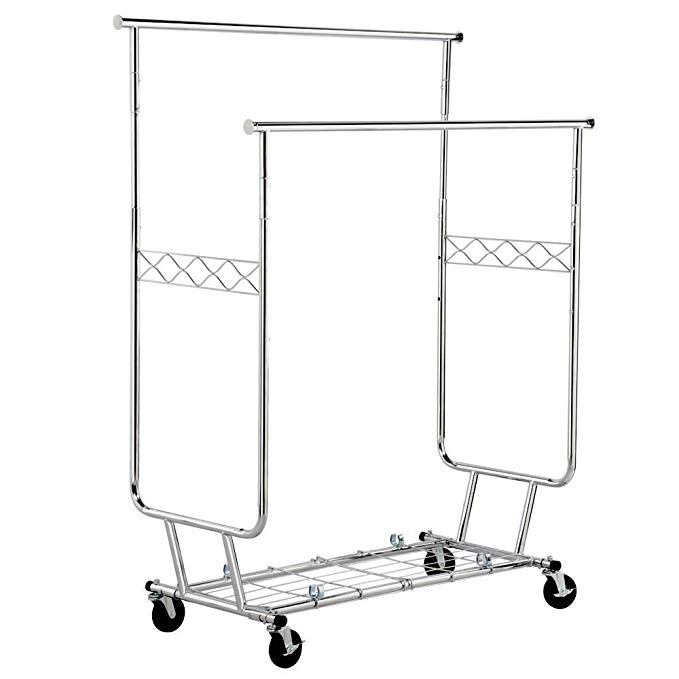 Yaheetech Commercial Grade Rolling Garment Drying Rack Collapsible Heavy Duty Double Rail Clothing Hanging Rack W/Shelf,Chrome Finish Silver