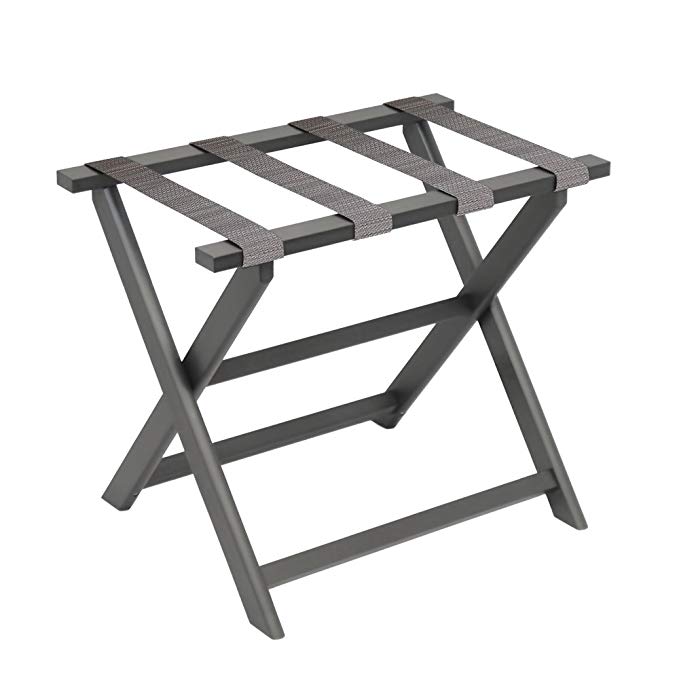 Fine Folding Furniture Gate House Furniture Dark Grey Eco-Poly Folding Luggage Rack with 4 Driftwood Weave Straps
