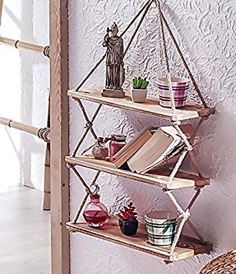 Decorative Wooden Hanging Shelf with Rope, Bookcase, Bookshelf Decor Resin Ornament Review