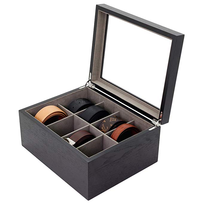 Belt Box Valet Organizer 8 XL Compartments Black Glass Top - Wood