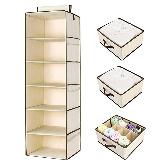 StorageWorks Hanging Closet Organizer, Foldable Closet Hanging Shelves with 2 Drawers & 1 Underwear Drawer, Polyester Canvas, Natural, 6-Shelf, 13.6x12.2x42.5 inches