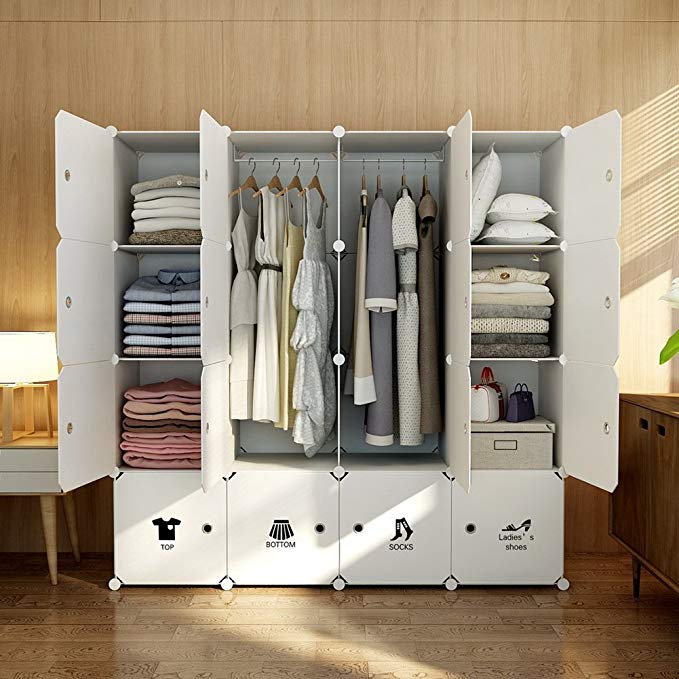 MAGINELS Magicial Panels Wardrobe Portable Clothes Closet Bedroom Armoire Dresser Cube Storage Organizer, Capacious & Customizable, White, 10 Cubes & 2 Hanging Sections