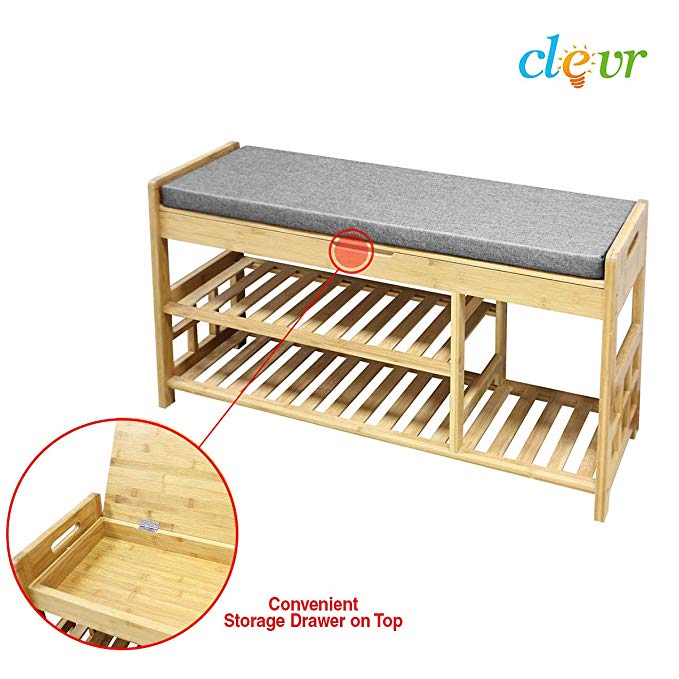 Clevr Natural Bamboo Shoe Storage Rack Bench with 2-Tier Storage Drawer on Top