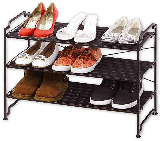 3-Tier Stackable Shoe Shelves Storage Utility Rack, Resin Slat Bronze