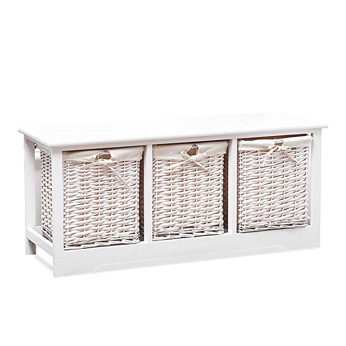 Mecor Wood Storage Bench with 3 Wicker Baskets,Entryway Furniture,Large Rectangular,White