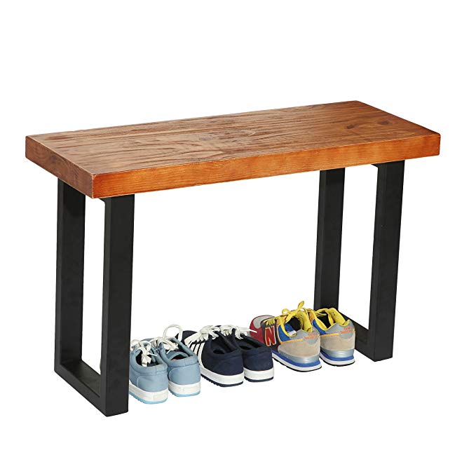 Rustic Style Wood and Industrial Black Metal Shoe Bench / Heavy Duty Entryway Seat - MyGift